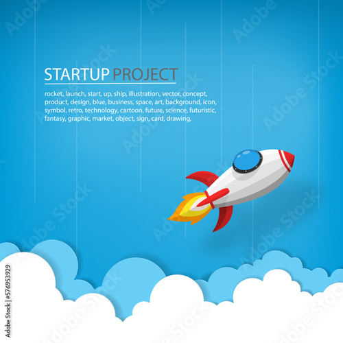 space rocket launch to the sky in startup concept of business or project. vector illustrator paper art