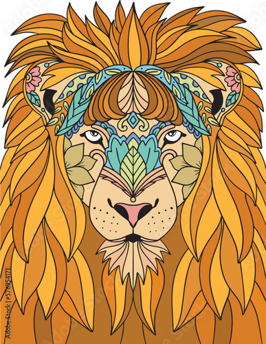 Hand-drawn Head Lion doodle with flower decorative elements. Coloring page for adults and kids. Vector Illustration
