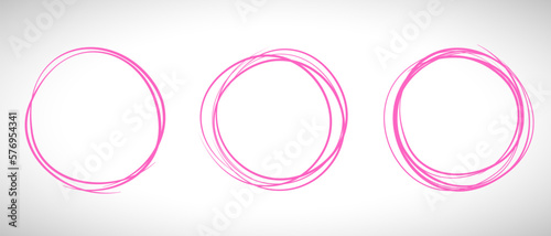 Pink circle line hand drawn set. Highlight hand drawing circle isolated on background. Round handwritten circle. For marking text, note, mark icon, number, marker pen, pencil and text check, vector