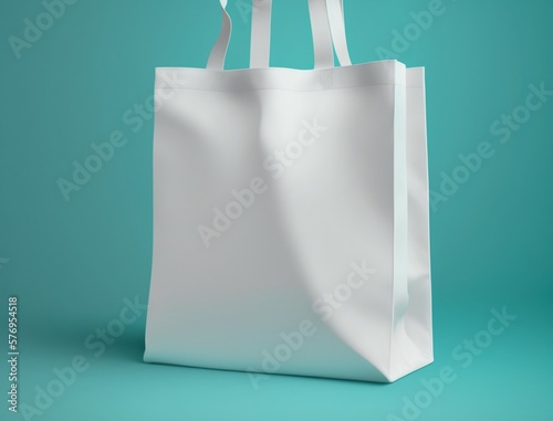 Empty white tote bag mockup isolated on cyan light blue background, blank realistic sopping sac sample cut out concept for design, studio shot generative Ai