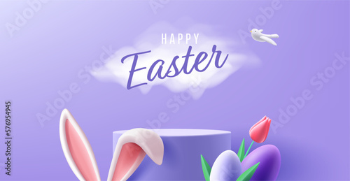 Spring Easter greeting card with product placement podium surrounded with bunny ears, eggs and tulip, with Easter typo in clouds with dove