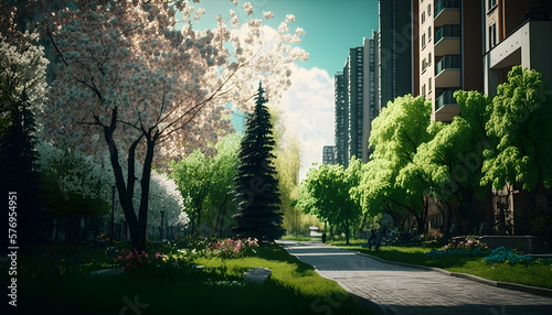 A small park with a park and a building with trees in the background create with generative ai technology © Nian Keun
