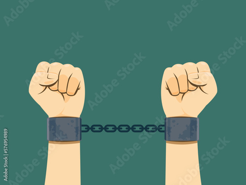 Two hand are tied with iron chain. Isolated Vector Illustration.