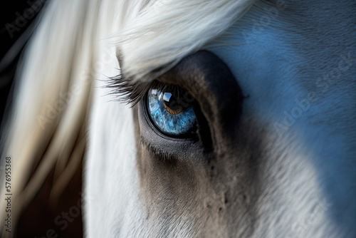 This close up shows the head of a relaxed horse. Photographic macro of a horse's eye. Wild stallion with iridescent blue eyes. The shape of the eyeball is a reflection of the surrounding landscape. No © AkuAku