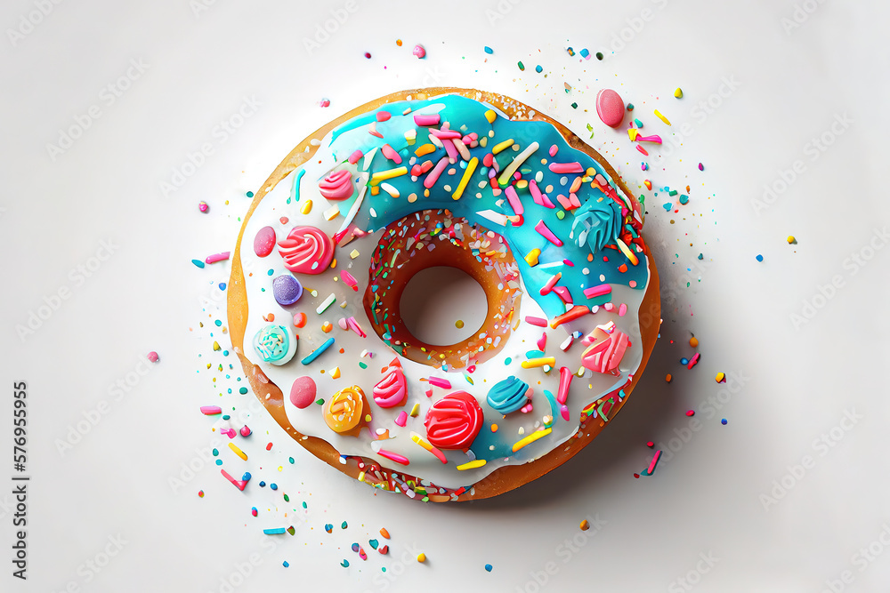 Donuts decorated icing and sprinkles on white surface top view. Generative Ai
