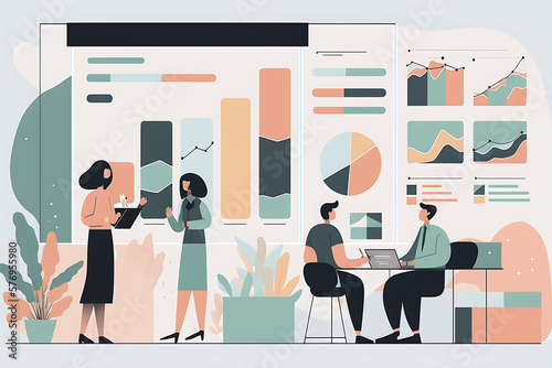 a group of people standing in front of a wall with graphs on it, editorial illustration, marketing illustration, editorial illustration colorful, marketing game illustrationby Generative AI photo