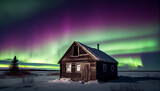 Multicolored northern lights (Aurora borealis) in the sky over a small wooden house with snowy landscape, generative ai illustration