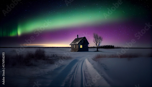 Multicolored northern lights (Aurora borealis) in the sky over a small wooden house with snowy landscape, generative ai illustration
