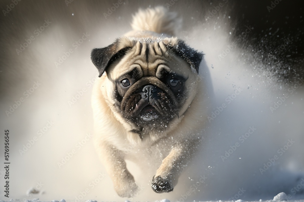 pug dog in a snow