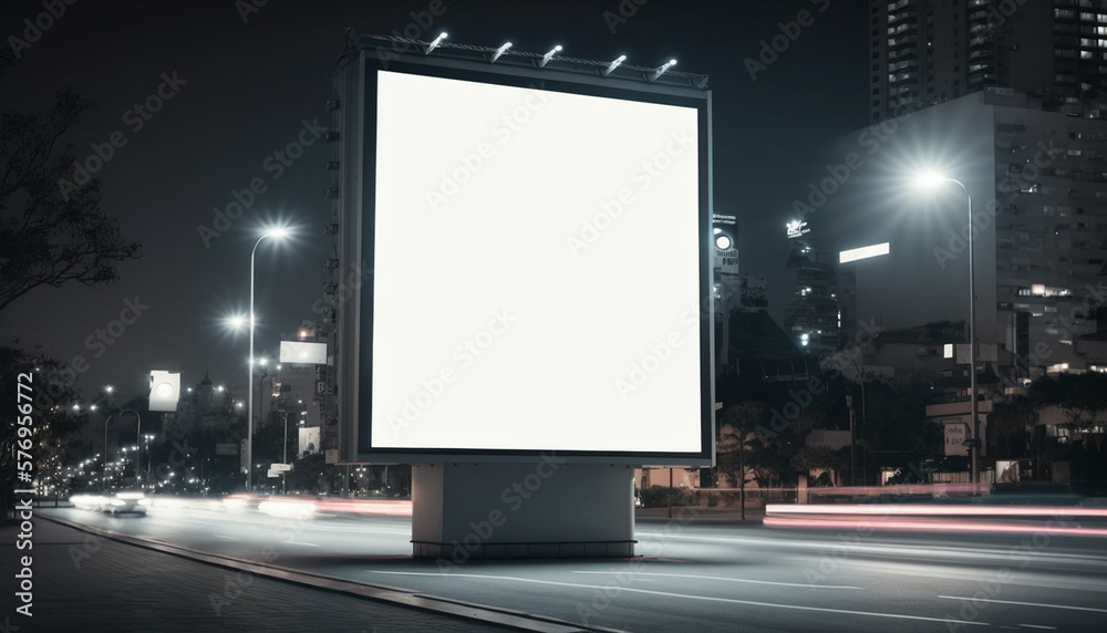 Generative ai billboard in night city, mockup billboard, white screen for your design