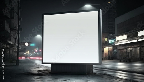 Generative ai billboard in night city, mockup billboard, white screen for your design