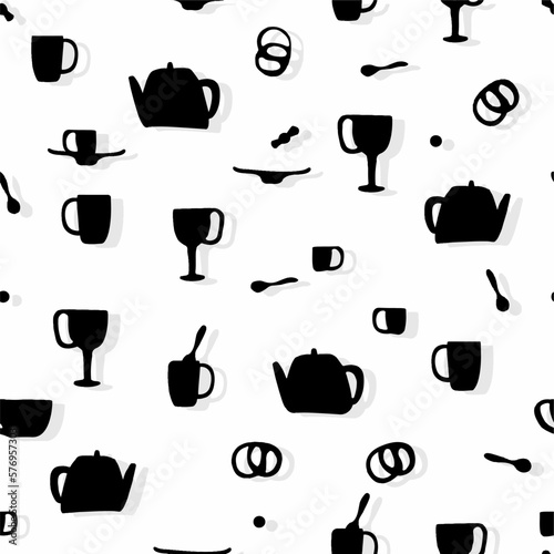 seamless pattern of silhouettes of tea utensils with jagged texture edges and half shadows on a white background