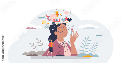 Inner mental intelligence and logic process visualization tiny person concept, transparent background. Mind thinking and creative thoughts awareness illustration. Intellectual brain skills.