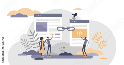 Link building as search engine optimization, SEO effective method tiny persons concept, transparent background.Hyperlink connection between online websites illustration.
