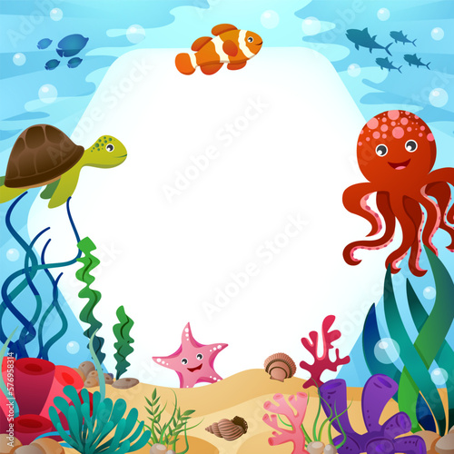 Sea life animals with ocean scene and hexagon copy space . Cartoon style . Vector .
