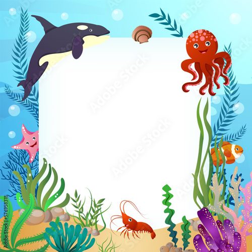 Sea life animals with ocean scene and rectangular copy space . Cartoon style . Vector .