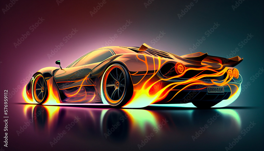 illustration of contemporary sports car with flaming body, Generative AI.