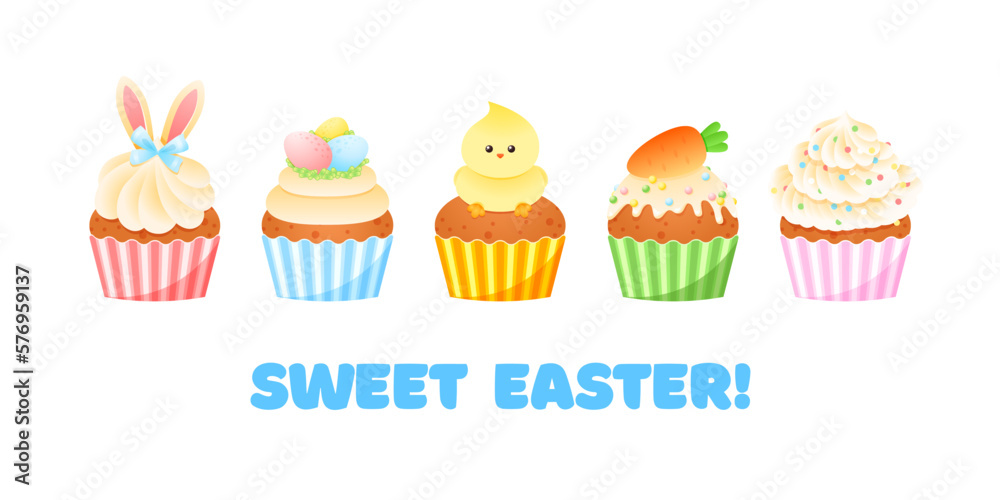 Sweet Easter greeting card template. Cute illustrations of funny sweet muffins with kids decor isolated on a white background. Vector 10 EPS.