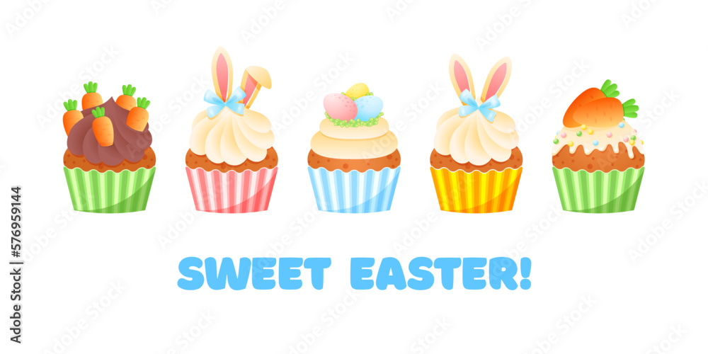 Sweet Easter greeting card template. Cute illustrations of funny sweet muffins with kids decor isolated on a white background. Vector 10 EPS. Sweet Easter greeting card template. Cute illustrations of funny sweet muffins with kids decor isolated on a white background. Vector 10 EPS.