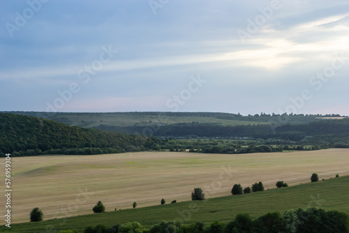 Agricultural Rolling Spring Autumn Landscape. Natural Landscape In Brown And Yellow Color. Waved Cultivated Row Field And Tree. Striped Undulating Unreal Abstract Plowed Field