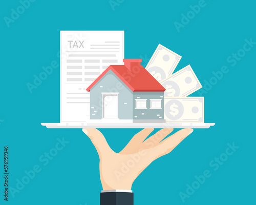 Personal housing tax concept, Business human hand with housing, money and tax document on isolated background, Digital marketing illustration.
