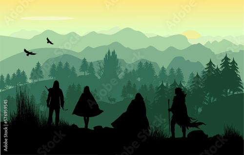 Fototapete Silhouette mit Landschaft: Gruppe von vier mittelalterlichen Fantasy Figuren