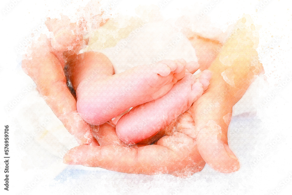 Watercolor baby feet in mother and father hands. Happy family concept. Beautiful conceptual image of parenthood