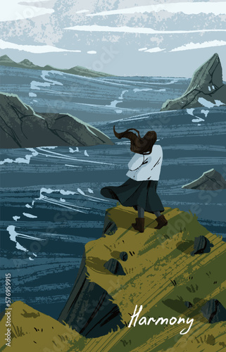 Character looking at sea in wind and rocks, standing on secluded cliff, cape alone. Calm peaceful nature landscape, poster card. Harmony, solitude, melancholy concept. Flat vector illustration