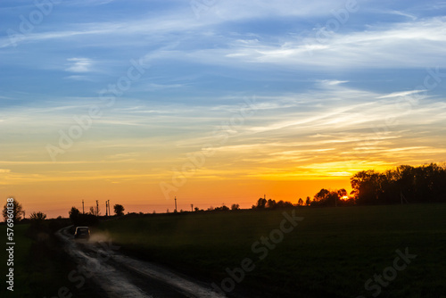 an empty road going forward between a green and plowed field with trees on the side in spring. Sunset