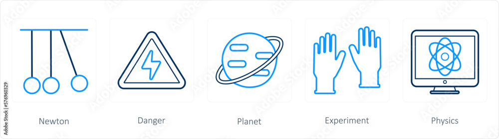 A set of 5 science icons as newton, danger, planet A set of 5 science icons as newton, danger, planet