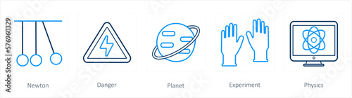 A set of 5 science icons as newton, danger, planet