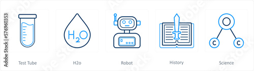 A set of 5 science icons as test tube, h2o, robot 