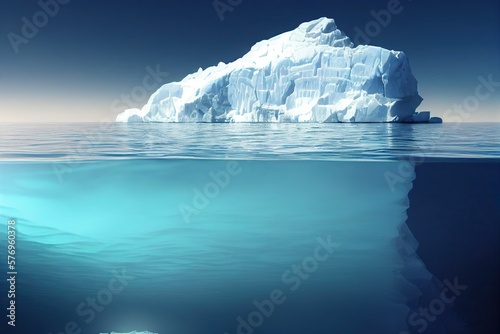 Iceberg of Greenland floating in the arctic ocean with the underwater view in clear blue waters. Icebergs melting due to climate change and global warming, threatening life on earth. copy space © bennymarty
