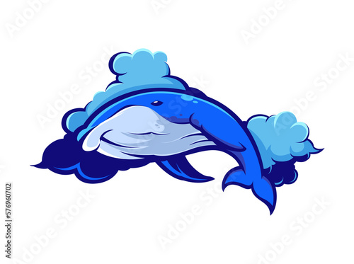 Blue Whale with Cloud Mascot Logo Design