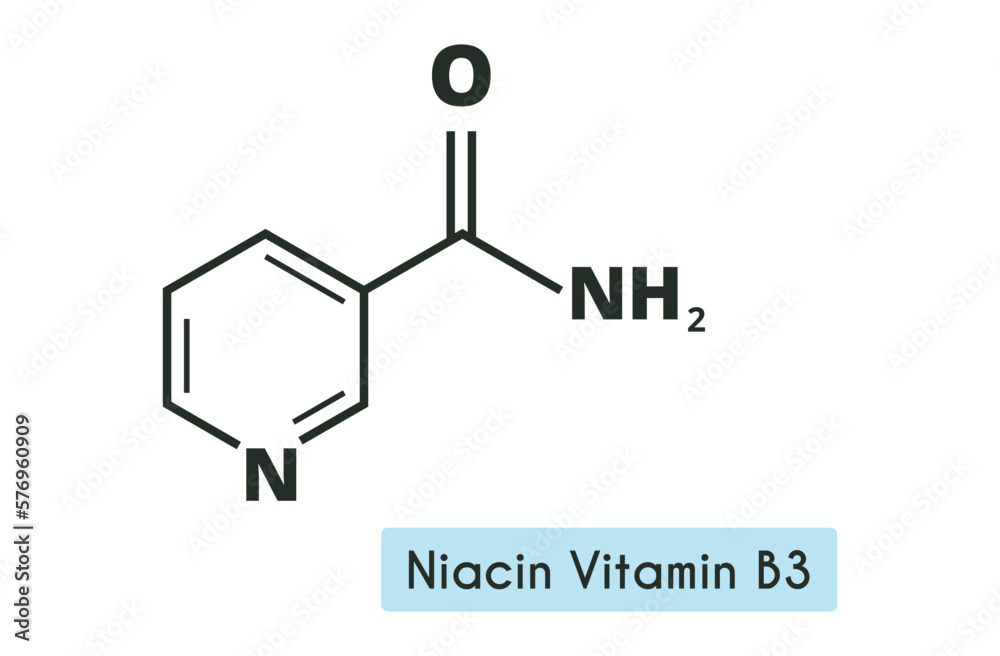Vitamin B3 chemical formula. Nicotinamide PP molecule. Vector illustration isolated on white background Vitamin B3 chemical formula. Nicotinamide PP molecule. Vector illustration isolated on white background