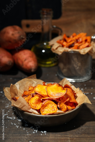 Concept of tasty food, fried sweet potato