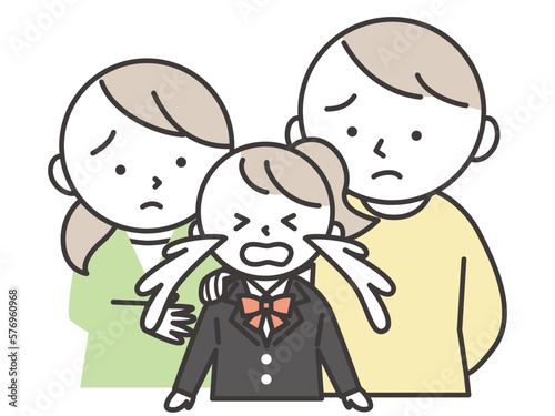 泣いているブレザーの制服を着た女子学生と彼女を心配する両親