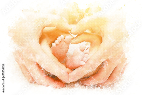 Watercolor baby feet in mother and father hands. Happy family concept. Beautiful conceptual image of parenthood