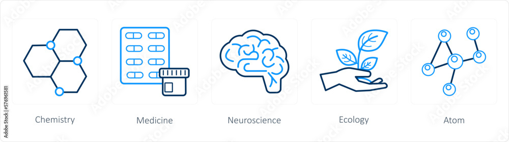 A set of 5 science icons as chemistry, medicine, neuroscience A set of 5 science icons as chemistry, medicine, neuroscience