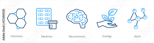 A set of 5 science icons as chemistry, medicine, neuroscience