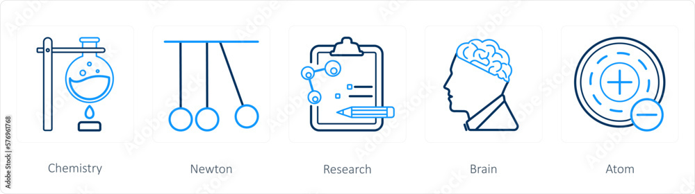 A set of 5 science icons as chemistry, newton, research A set of 5 science icons as chemistry, newton, research