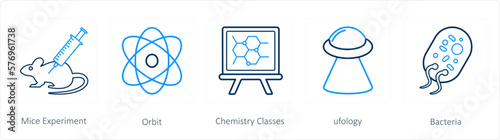 A set of 5 science icons as mice experiment, orbit, chemistry classes