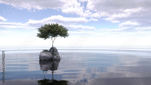 tree on an island in the middle of a lake. beautiful landscape  3D illustration  cg render