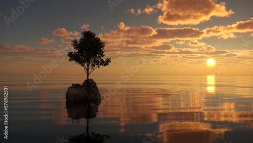 tree on an island in the middle of a lake. beautiful landscape, 3D illustration, cg render