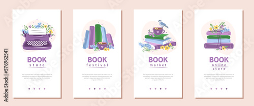 Set of layout design for bookshop, library, bookstore, festival or education.  Books with spring flowers. Vector illustration