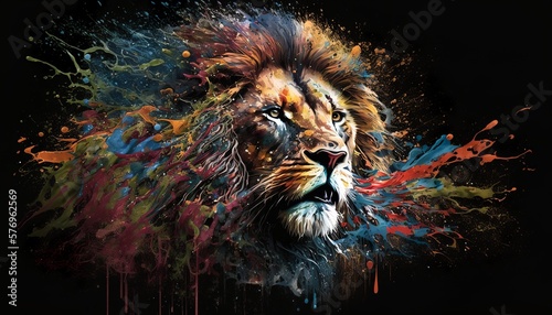 Majestic lion with colorful splash paint. Generative AI