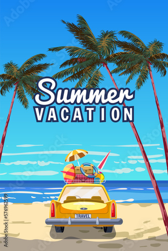 Summer vacation travel poster yellow car with luggage bags, surfboard on the beach