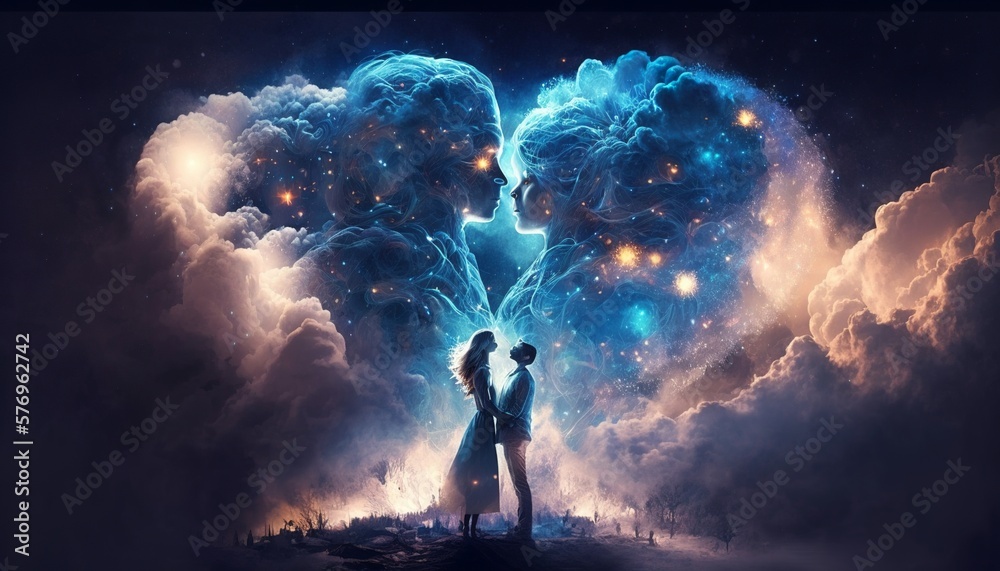 Happy couble hugging after wedding while in the background celestial cloud figures kissing each other with shining stars. Generative AI