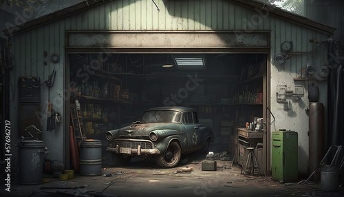 Dirty garage with a rusty broke down car. Generative AI