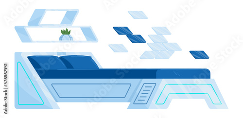Cartoon spaceship bedroom. Futuristic cosmic ship interior room with bed, shelves and plant, cozy futuristic bedroom flat vector illustration